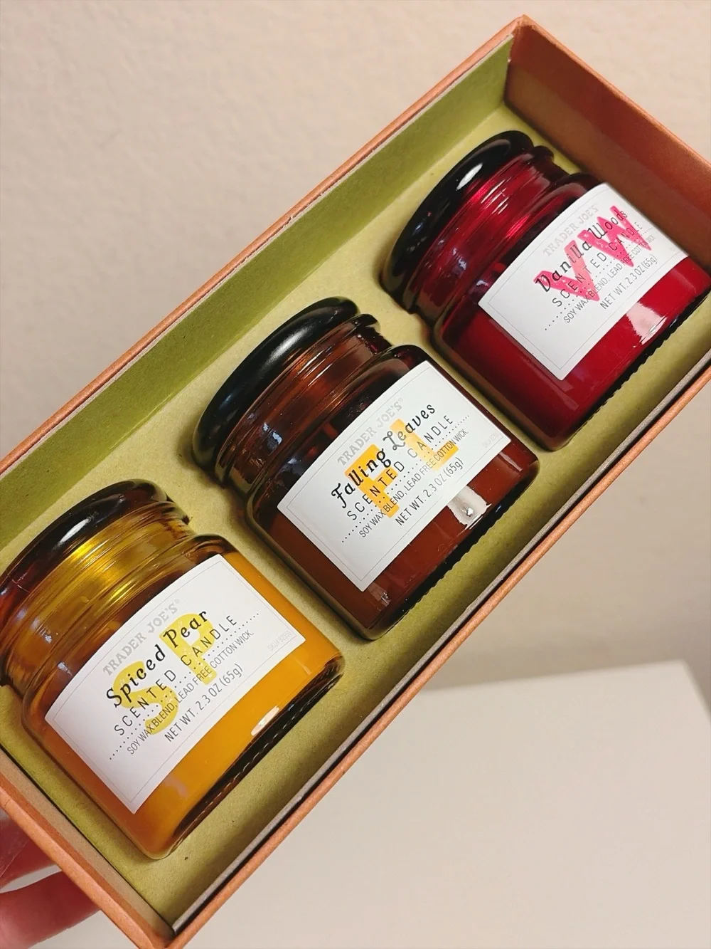 Trader Joe’s Fall Scented Candle Trio Spiced Pear Falling Leaves Vanilla Woods